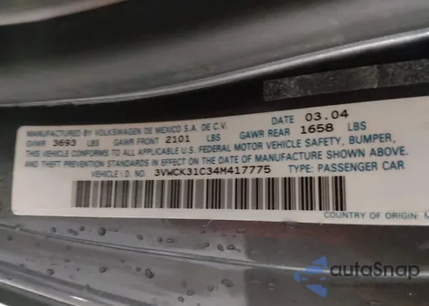 2004 Volkswagen New Beetle Gls 2.0L z USA, uszkodzony, nr VIN 3VWCK31C34M417775